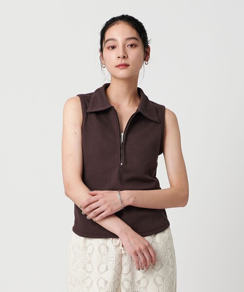 tシャツ ブークレリブフロントジップノースリーブカットソー レディース