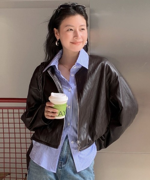 DIAVEL ブルゾン アウター 韓国風フェイクレザー×チェック柄レイヤード