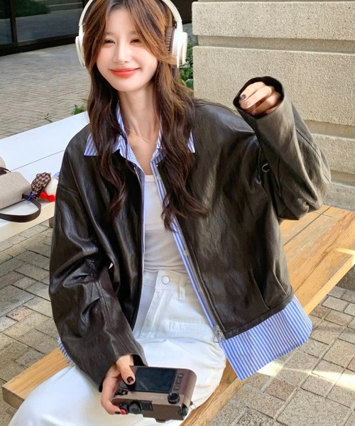 DIAVEL ブルゾン アウター 韓国風フェイクレザー×チェック柄レイヤード