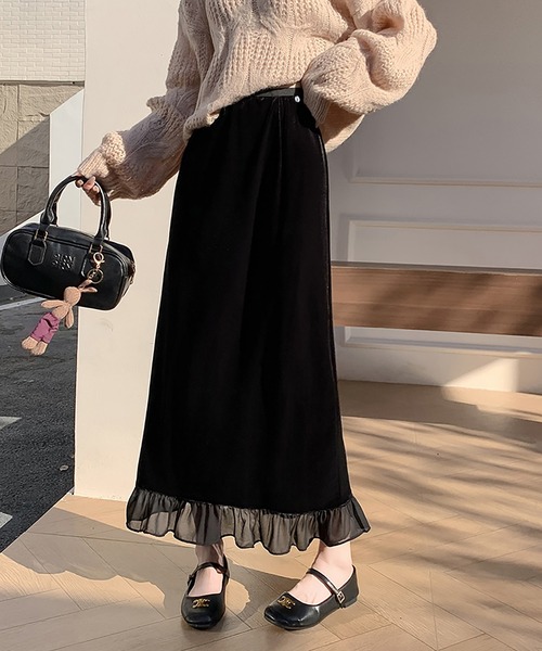 ロング スカート ベロア×シアー切り替えフリルスカート : ZOZOTOWN