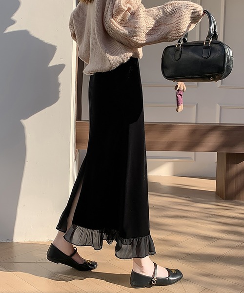 ロング スカート ベロア×シアー切り替えフリルスカート : ZOZOTOWN