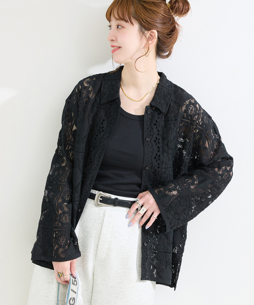 ブラウス シャツ 手洗い可 / レースembroideryシャツ レディースの画像