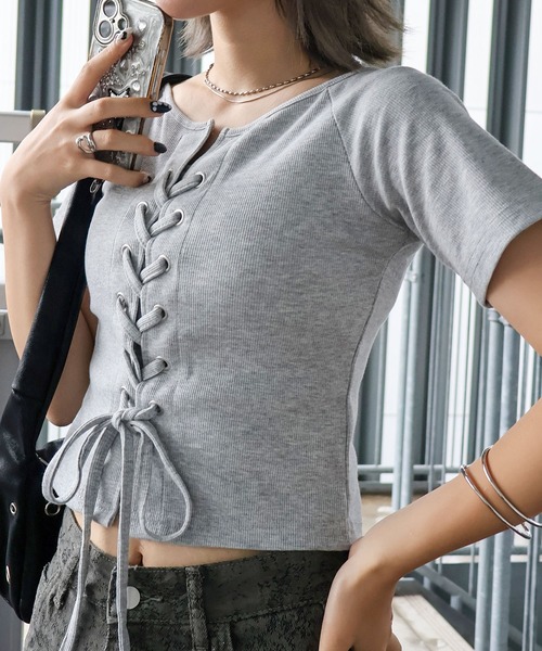 SpRay（スプレイ） tシャツ 半袖 テレコレースアップショートスリーブ
