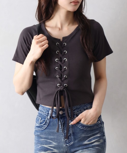 SpRay（スプレイ） tシャツ 半袖 テレコレースアップショートスリーブ