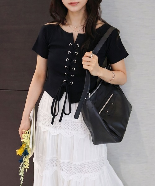 SpRay（スプレイ） tシャツ 半袖 テレコレースアップショートスリーブ