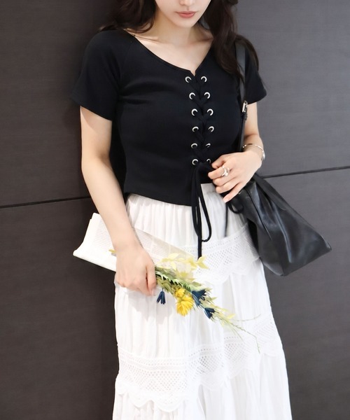 SpRay（スプレイ） tシャツ 半袖 テレコレースアップショートスリーブ