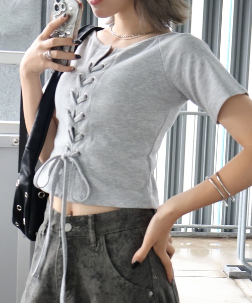 SpRay（スプレイ） tシャツ 半袖 テレコレースアップショートスリーブ