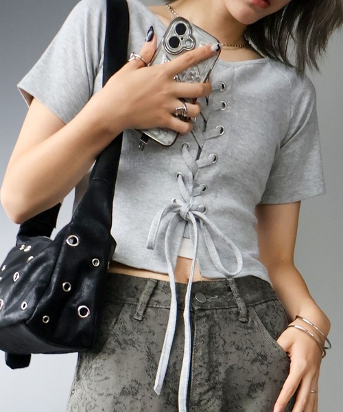 SpRay（スプレイ） tシャツ 半袖 テレコレースアップショートスリーブ