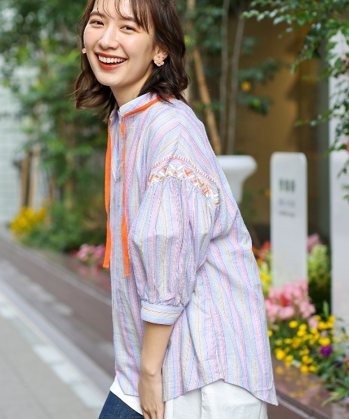 チチカカ ブラウス シャツ カラーストライプ刺繍シャツ