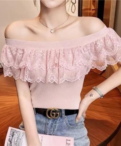 deux amour 2WAYオフショルダーレース切り替えリブニットプルオーバー