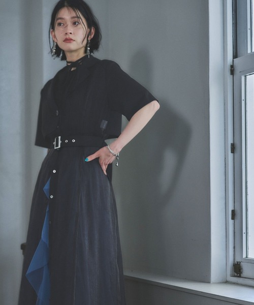 【美品】HARE ジャケットライクシアーワンピース　ブラック　レース　テーラード HARE ワンピース ジャケットライクシアーワンピース(HARE