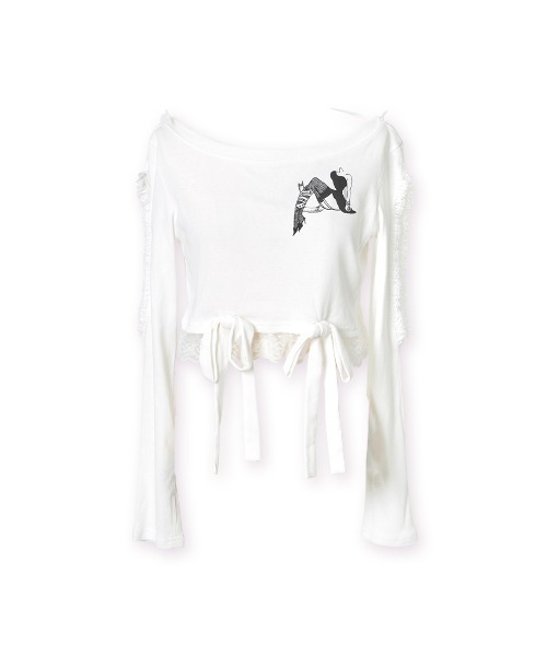 tシャツ Open shoulder printed ribbon hood tops レディース