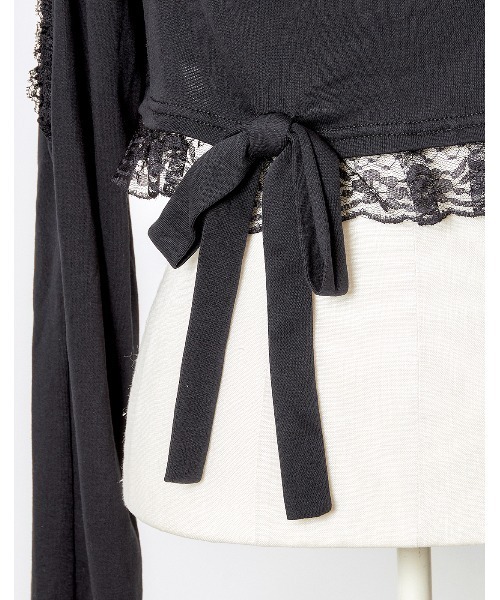 AVENCHUMU tシャツ Open shoulder printed ribbon hood tops