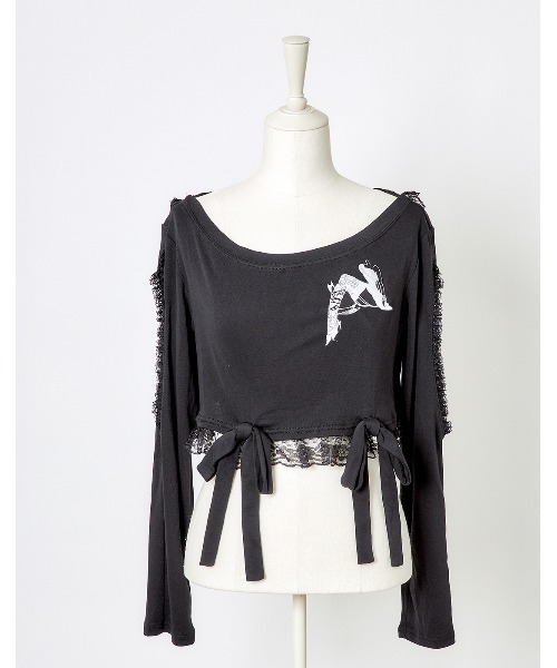 AVENCHUMU tシャツ Open shoulder printed ribbon hood tops