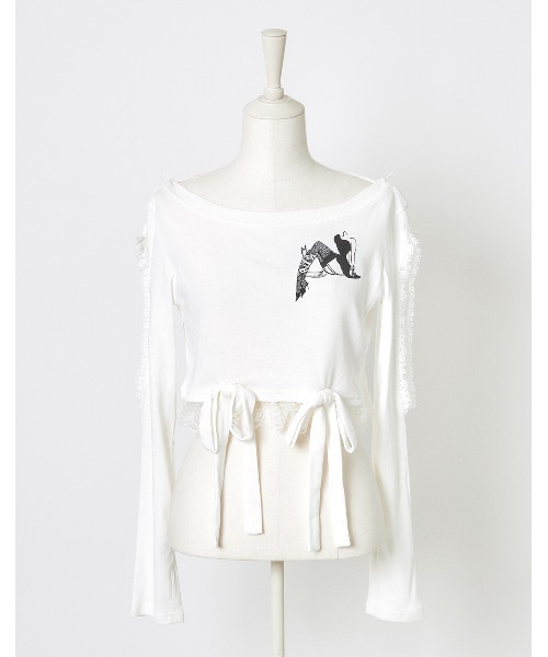 AVENCHUMU tシャツ Open shoulder printed ribbon hood tops