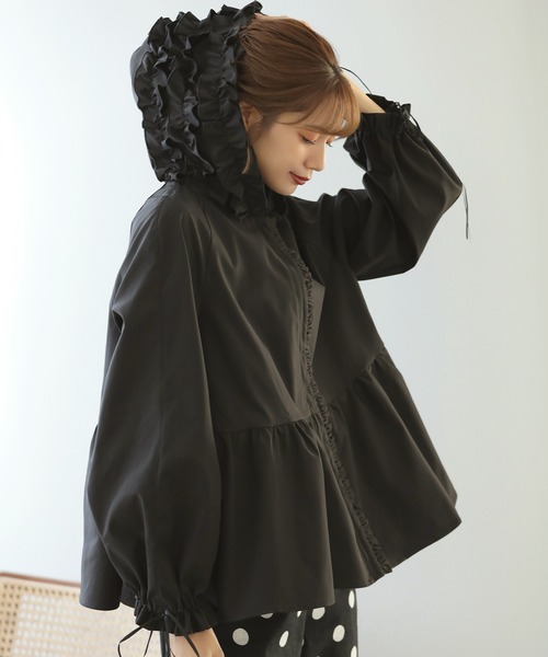 Fit more フリル付き ブラック フードパーカー 黒　FREEサイズ セール】【ZOZO限定カラー】裾フリルテントラインフーディー