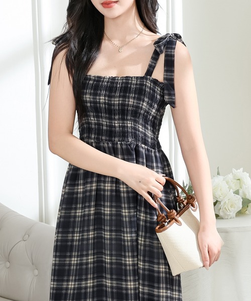 Lace Ladies ワンピース タータンチェック 肩リボン シャーリング