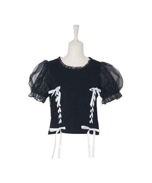 tシャツ Twin lace-up ribbon puff T-shirt レディース