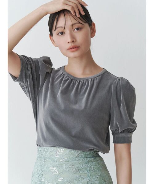tシャツ フロッキーチュールギャザースリーブトップス レディース