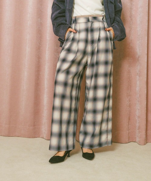 V12 チェックパンツ　サイズL ページュ BAYFLOW パンツ チェック柄ワイドパンツ レディース : ZOZOTOWN