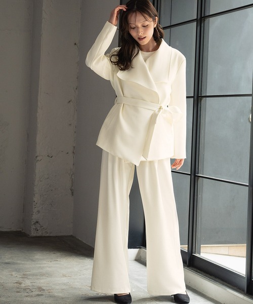 LOWO セットアップ ビッグカラー リボンベルト付きジャケット ワイド