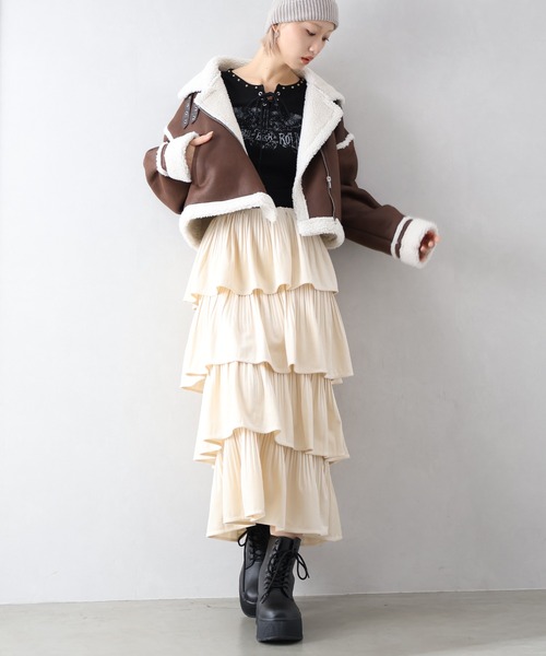 SpRay（スプレイ） スカート ベロアプリーツティアードロングスカート