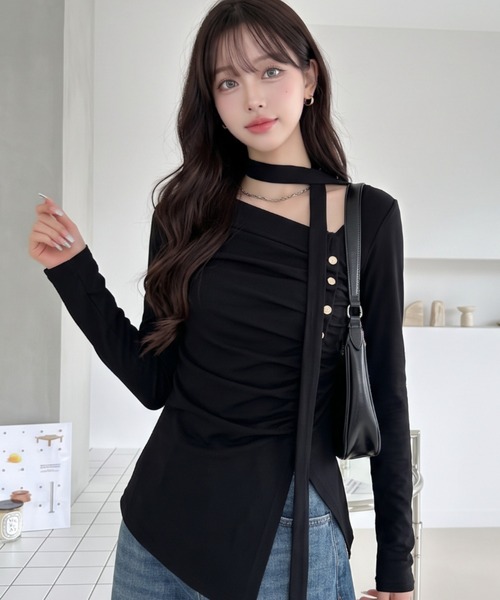 Ada. tシャツ タイ付き アシンメトリーネック サイドボタンギャザー