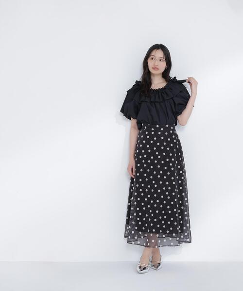 ドット柄メッシュフレアスカート 黒 NATURAL BEAUTY BASIC（ナチュラルビューティーベーシック） ロング