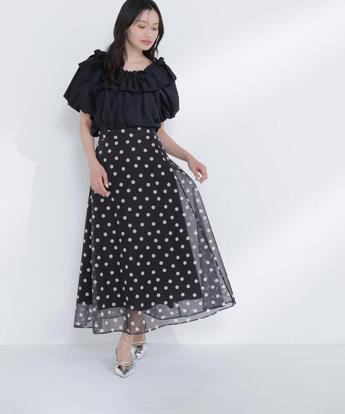 ドット柄メッシュフレアスカート 黒 NATURAL BEAUTY BASIC（ナチュラルビューティーベーシック） ロング