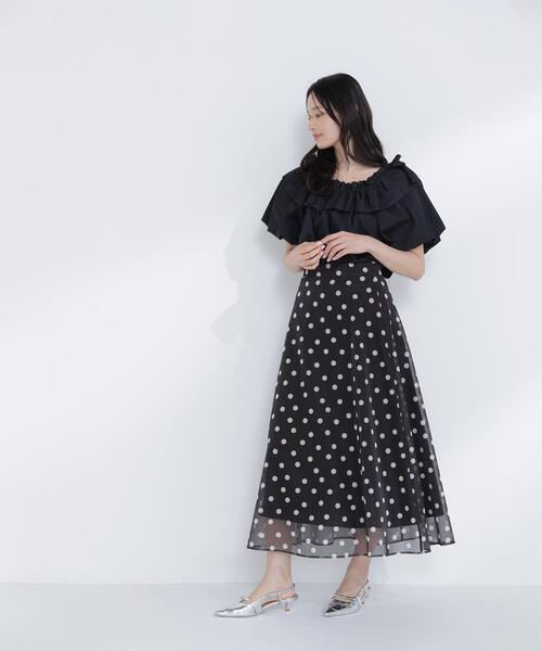 ドット柄メッシュフレアスカート 黒 NATURAL BEAUTY BASIC（ナチュラルビューティーベーシック） ロング