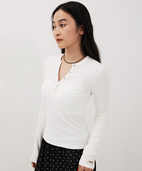 HANNE ヘンリーネック tシャツ スナップボタンヘンリーネックロンTEE