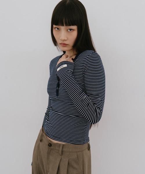 HANNE ヘンリーネック tシャツ スナップボタンヘンリーネックロンTEE