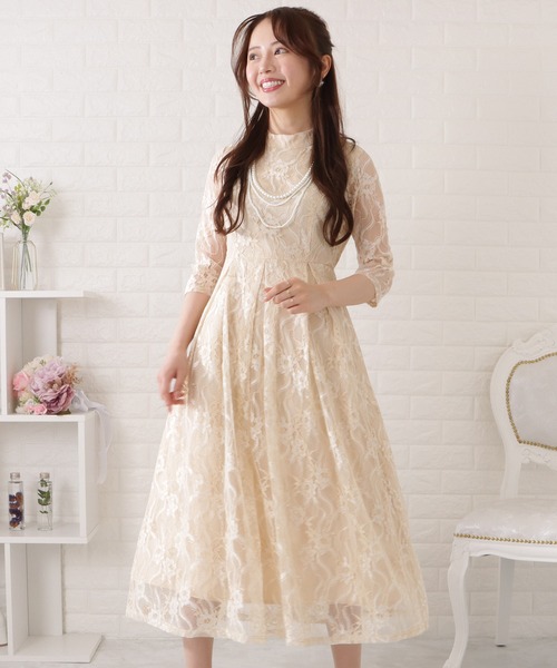 D&G ドルガバ レース付きベージュひざ丈ワンピース/パーティドレス Lace Ladies（レースレディース） ドレス 総レース5分袖タック