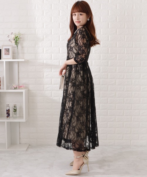 グレースクラス 総レースロングワンピース ドレス ブラック 38 Lace Ladies（レースレディース） ドレス 総レース5分袖タック