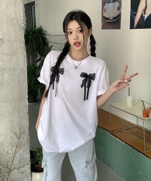 Achic（アシック） tシャツ 半袖 リボンプリント＆リボンつきTシャツ