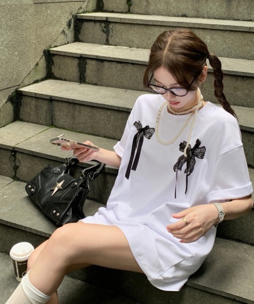 Achic（アシック） tシャツ 半袖 リボンプリント＆リボンつきTシャツ