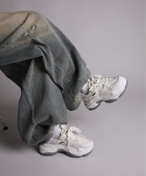 shoes365 スニーカー 「shoes365」ダブル紐デザイン厚底メッシュ