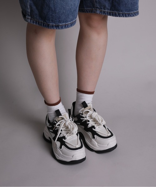 shoes365 スニーカー 「shoes365」ダブル紐デザイン厚底メッシュ