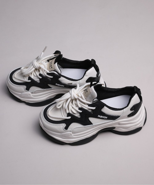 shoes365 スニーカー 「shoes365」ダブル紐デザイン厚底メッシュ