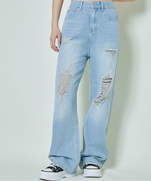 DT♪ DINDA ラインストーン付きストレートジーンズ 関税込 セール 30%OFF】ラインストーンストレートデニム(505640256