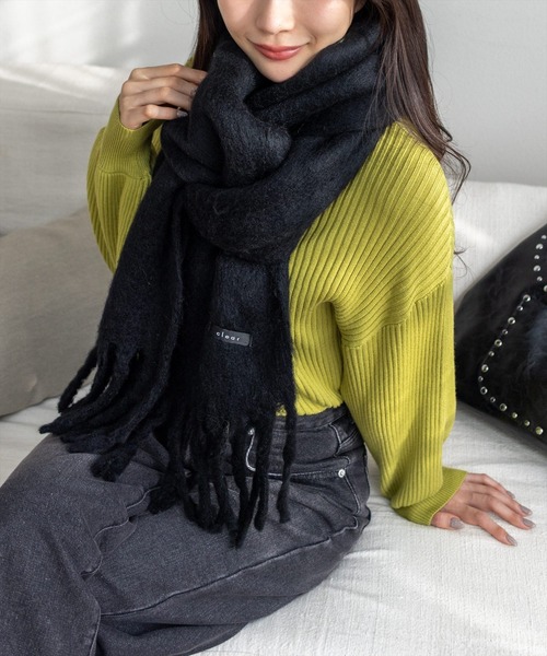 ✨ブラック マフラー フリンジ付き clear マフラー ストール 「11色展開」フリンジボリュームマフラー