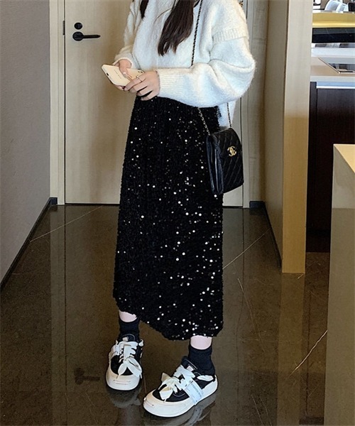 DABUWAWA 上品 ロング スパンコール スリット スカート 大人気 Dabuwawa(ダブワワ)のレディース スカート 人気アイテム