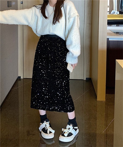 DABUWAWA 上品 ロング スパンコール スリット スカート 大人気 Dream garden スカート バックスリットスパンコールロング