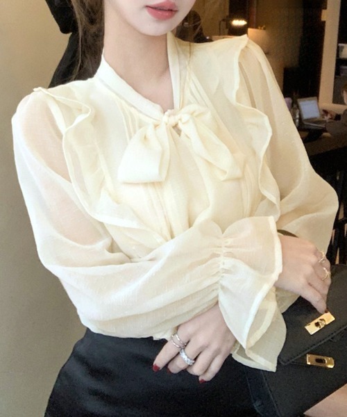 REMUR ブラウス シャツ フリルリボンシフォンブラウス レディース