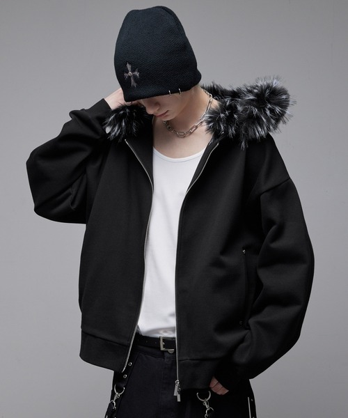 【Loose】ブラックファー付きオーバーサイズパーカー Loose パーカー ファー 裏起毛フルジップパーカー メンズ