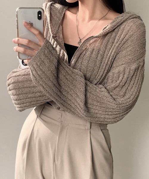 mina perhonen フード付きジップアップニットパーカー アウター Ｌ mina perhonen フード付きジップアップニットパーカー アウター L