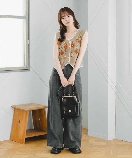 krahe ベスト ジレ 透かし編みフラワートップス レディース