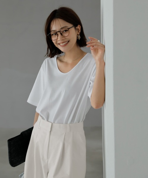 tシャツ デコルテが開いたヌケ感５分袖Tシャツ レディース STYLE DELI tシャツ デコルテが開いたヌケ感5分袖Tシャツ