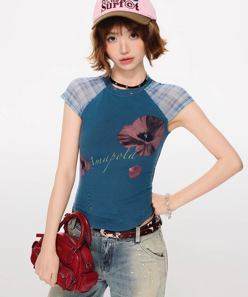 tシャツ フラワーレタリングプリント ラグランショートスリーブトップス GH25s113「Girlyhalo」 レディース