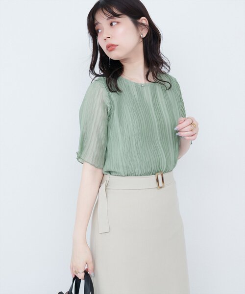 natural couture ブラウス シャツ 半袖プリーツシアーブラウス